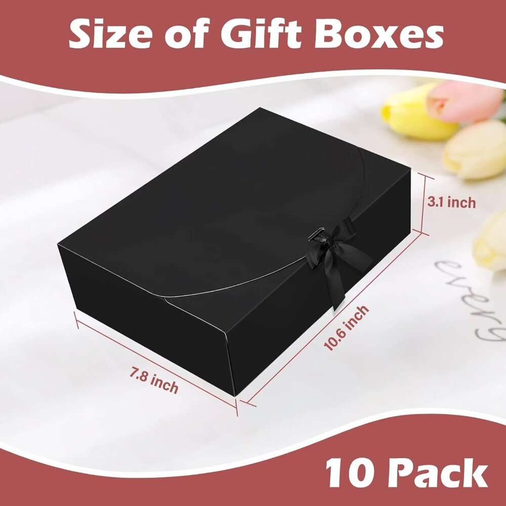 10 PCS Boxes with Lids, 10.6x7.8x3.1 Inch Kraft Paper, Black Gift Boxes with Rib - Picture 3 of 8